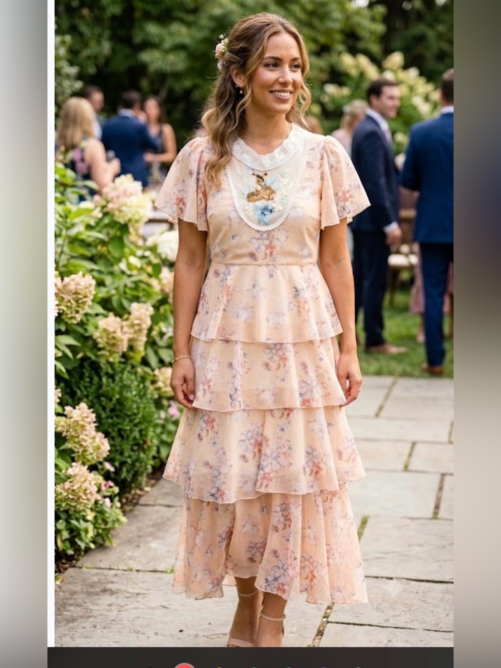 Love lady Peach Floral Tiered Midi Dress with Lace Bib Detail size M